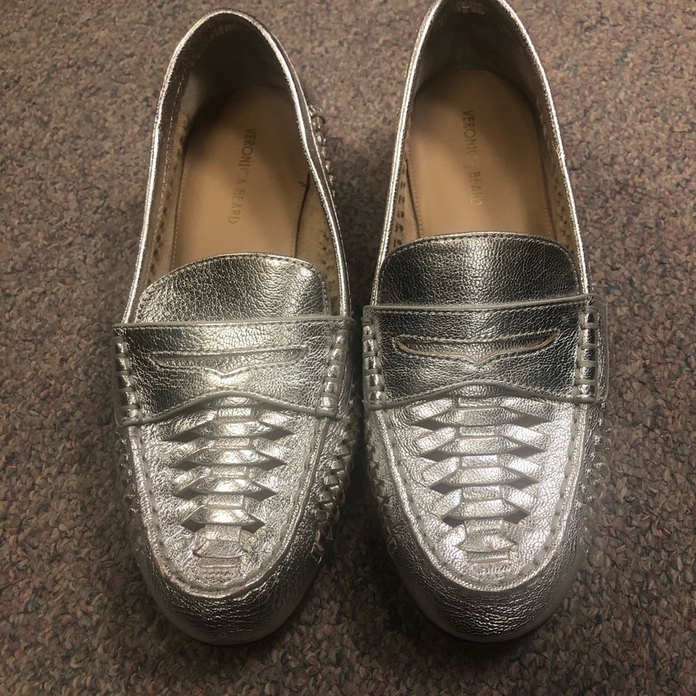 Veronica Beard Metallic Silver Woven Penny Loafers
